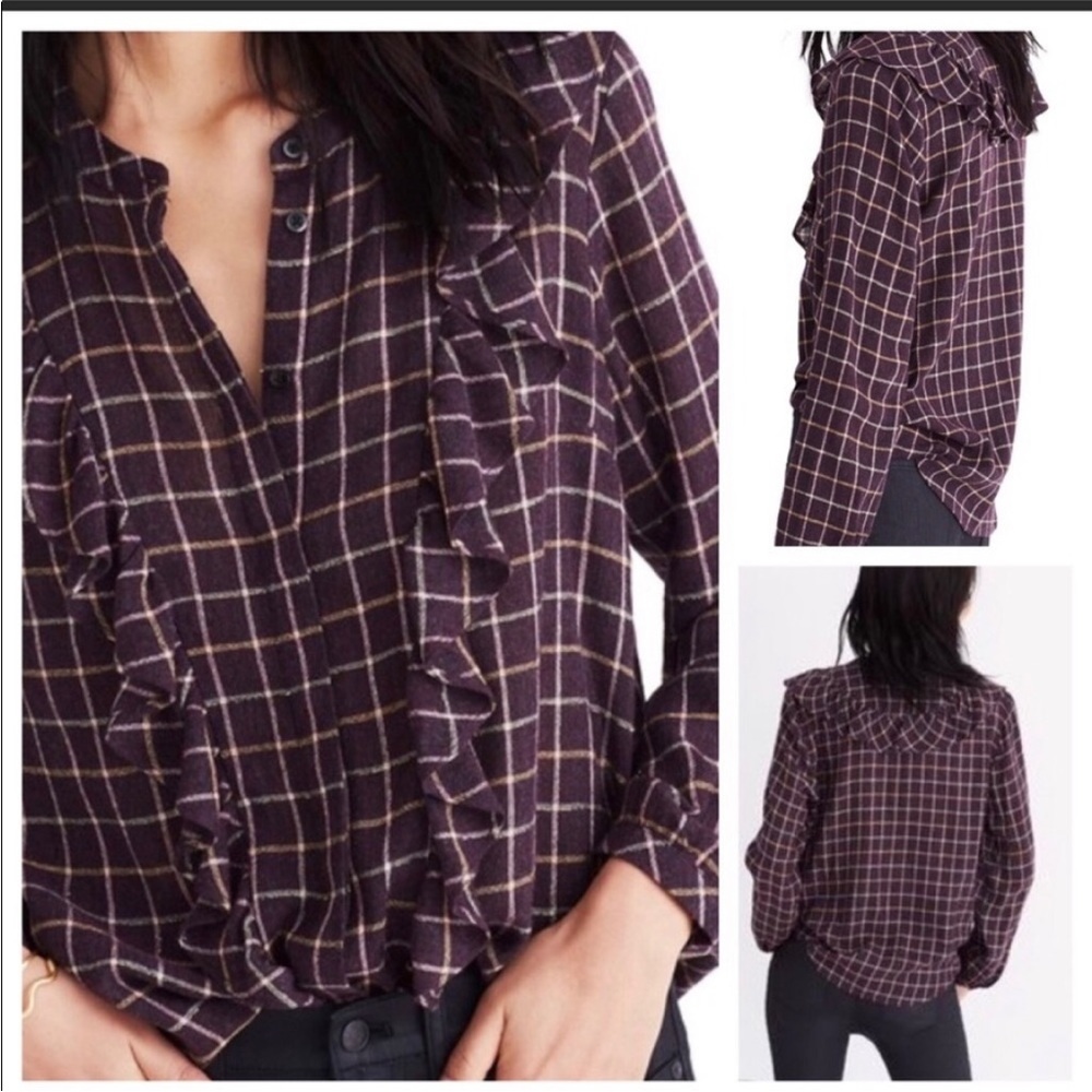 Madewell burgundy metallic plaid ruffle long sleeve button up top size large